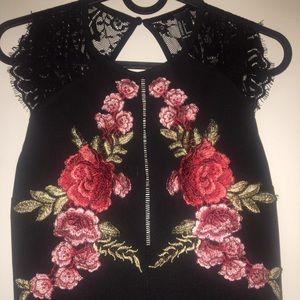 rose embroidered sleeveless black bodycon dress